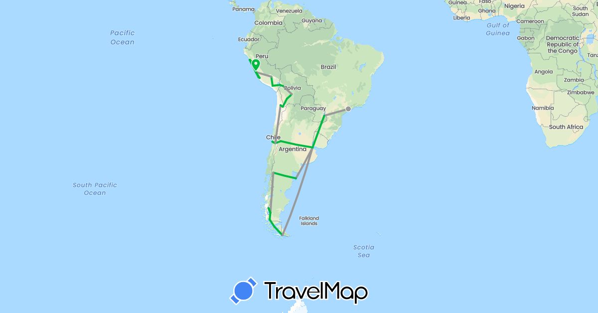 TravelMap itinerary: bus, plane in Argentina, Bolivia, Brazil, Chile, Peru (South America)